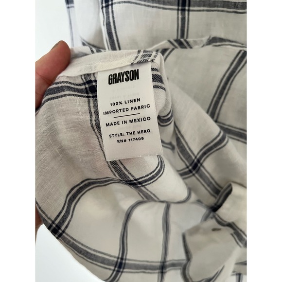 Grayson Anthropologie Size 1 (US XS) The Hero 100 Linen Plaid White Blue Button - Picture 5 of 6